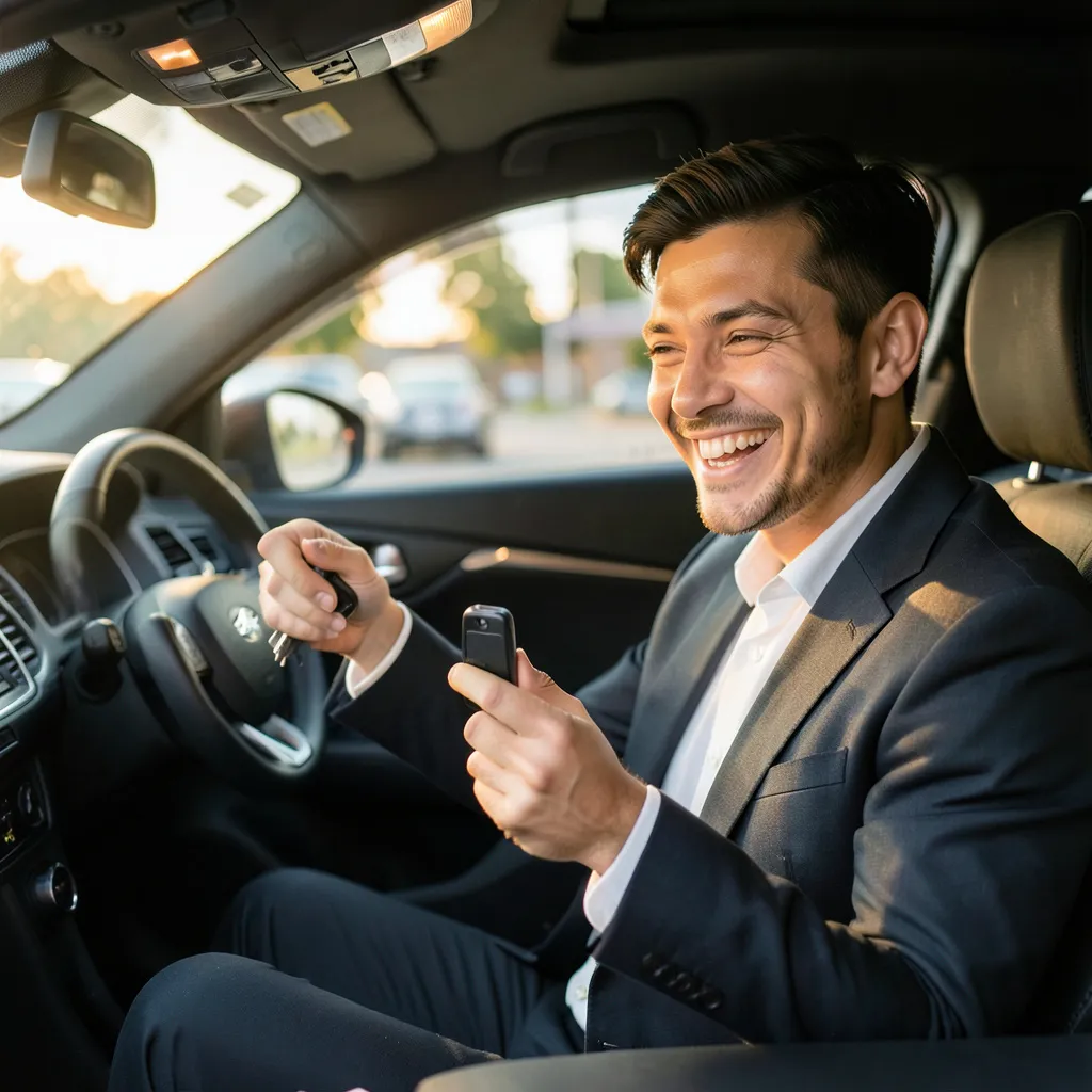 Șofer compară oferte de asigurare auto de la asigurători diferiți pe telefon