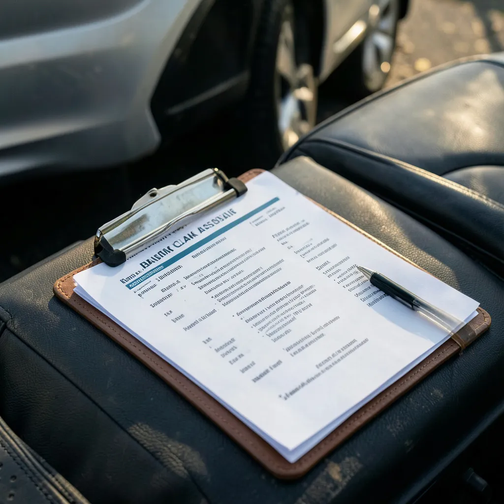 Șoferi discutând după un accident auto și verificând documentele RCA