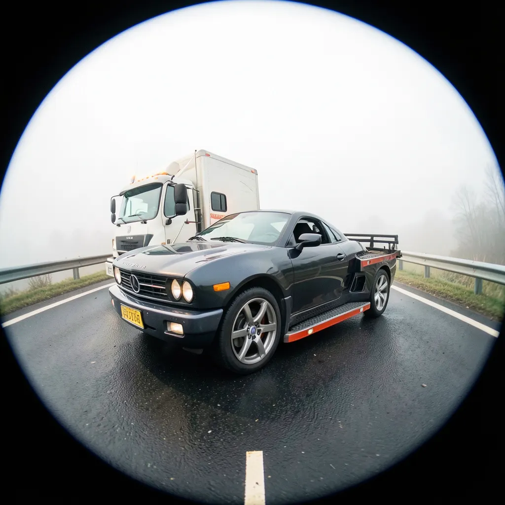 Mașină avariată după accident și platformă de tractare pentru asistență rutieră