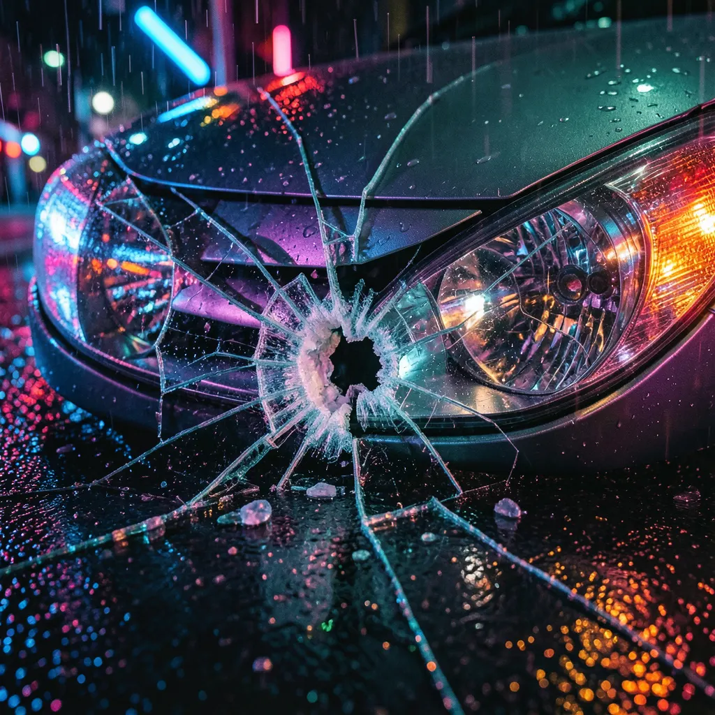 Mașină implicată într-un accident într-o parcare privată, lângă o barieră și un drum de acces